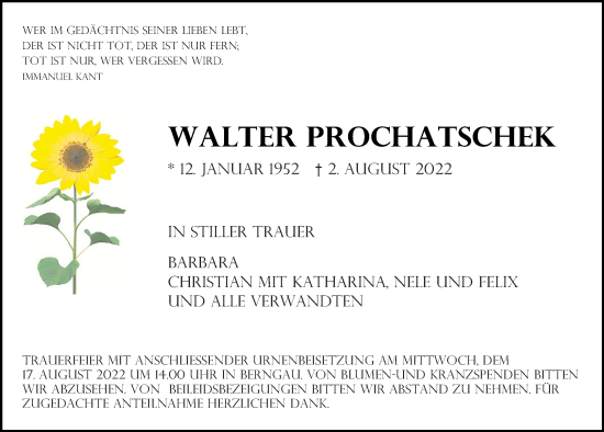 Traueranzeige von Walter Prochatschek von Neumarkter Tagblatt
