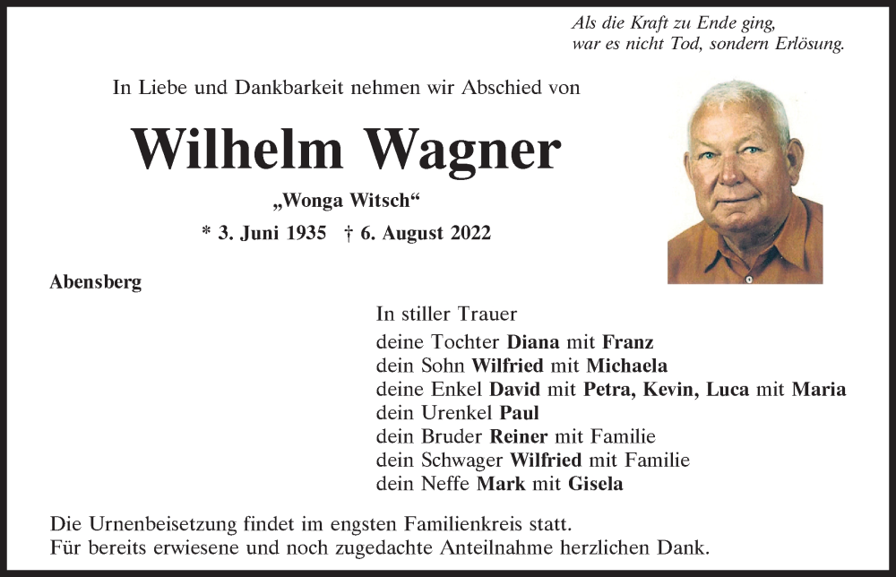  Traueranzeige für Wilhelm Wagner vom 13.08.2022 aus Mittelbayerische Zeitung Kelheim