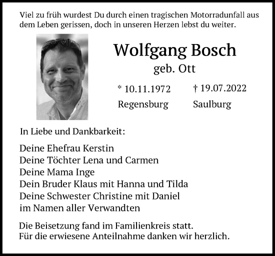 Traueranzeige von Wolfgang Bosch von Mittelbayerische Zeitung Regensburg