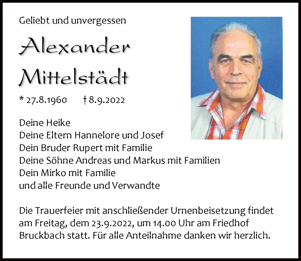  Traueranzeige für Alexander Mittelstädt vom 17.09.2022 aus Mittelbayerische Zeitung Regensburg
