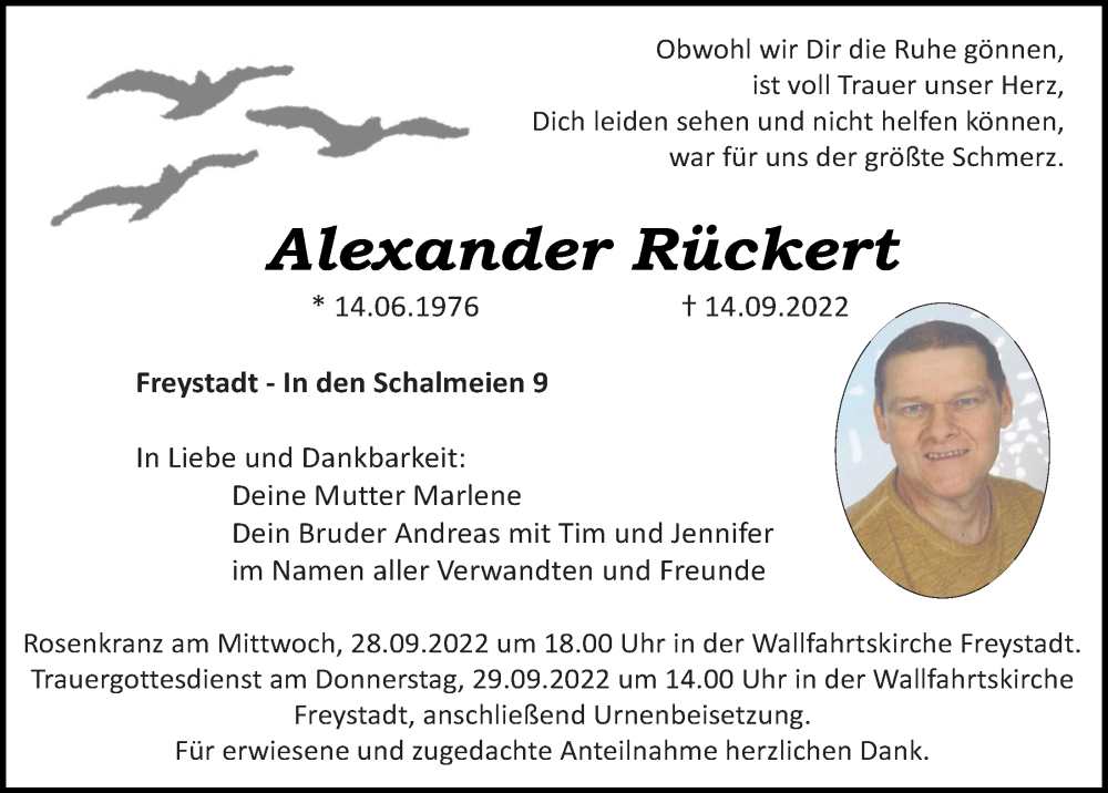  Traueranzeige für Alexander Rückert vom 24.09.2022 aus Neumarkter Tagblatt