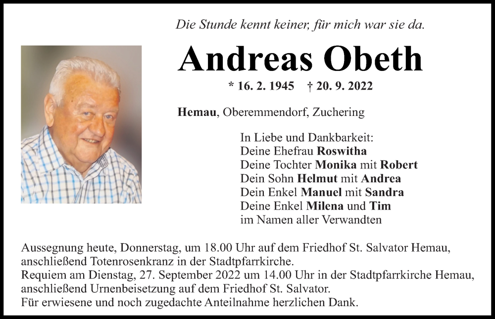 Traueranzeige für Andreas Obeth vom 22.09.2022 aus Mittelbayerische Zeitung Regensburg