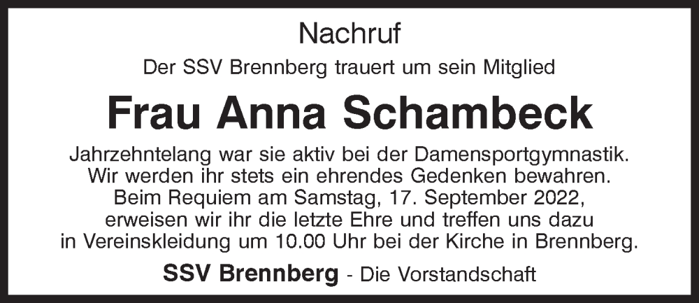  Traueranzeige für Anna Schambeck vom 16.09.2022 aus Mittelbayerische Zeitung Regensburg