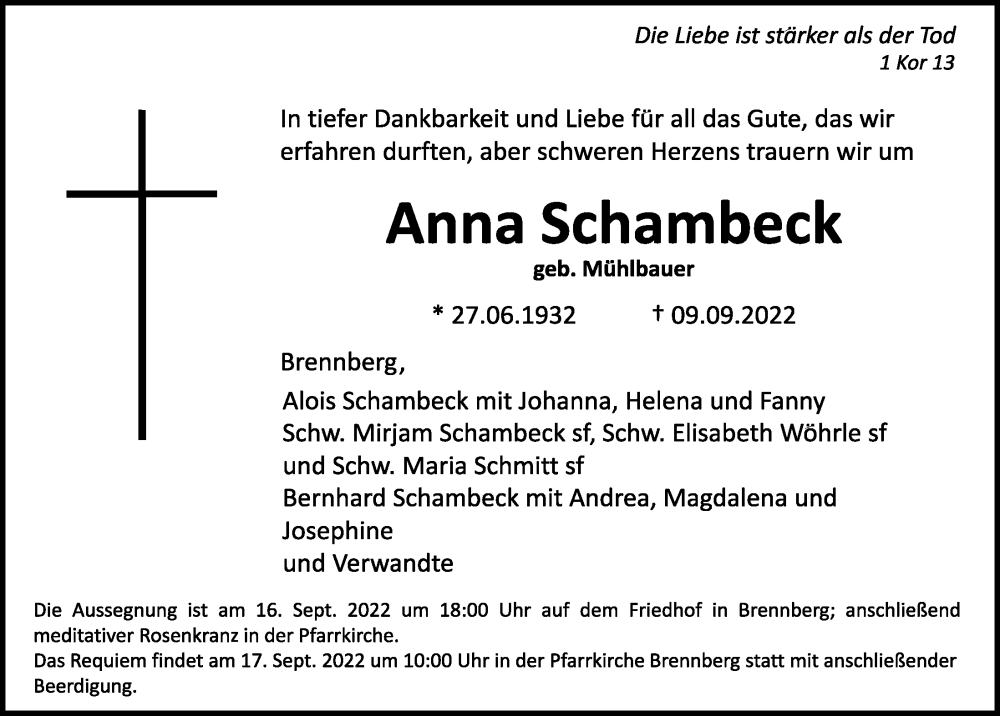  Traueranzeige für Anna Schambeck vom 13.09.2022 aus Mittelbayerische Zeitung Regensburg