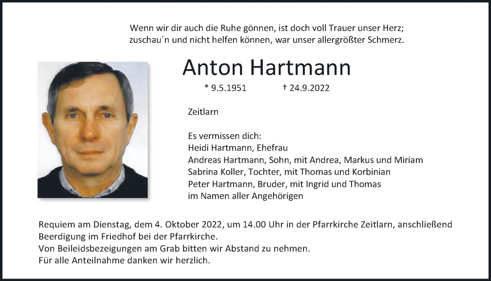  Traueranzeige für Anton Hartmann vom 28.09.2022 aus Mittelbayerische Zeitung Regensburg