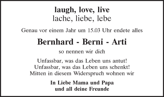 Traueranzeige von Bernhard Arti von Mittelbayerische Zeitung Regensburg