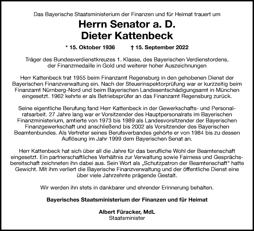  Traueranzeige für Dieter Kattenbeck vom 21.09.2022 aus Mittelbayerische Zeitung Gesamtausgabe