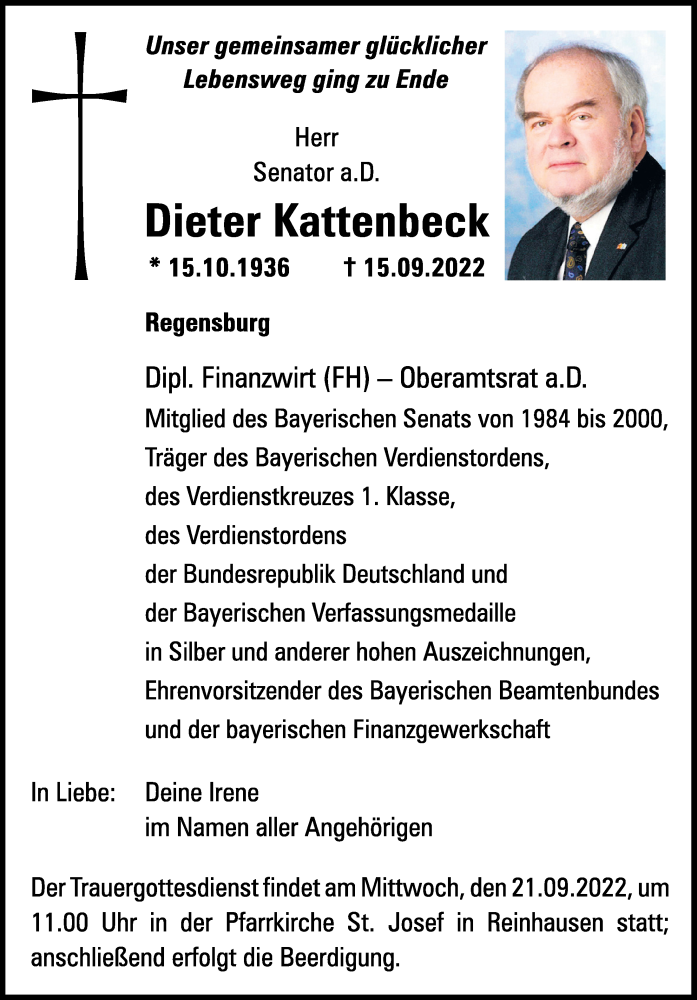  Traueranzeige für Dieter Kattenbeck vom 17.09.2022 aus Mittelbayerische Zeitung Regensburg