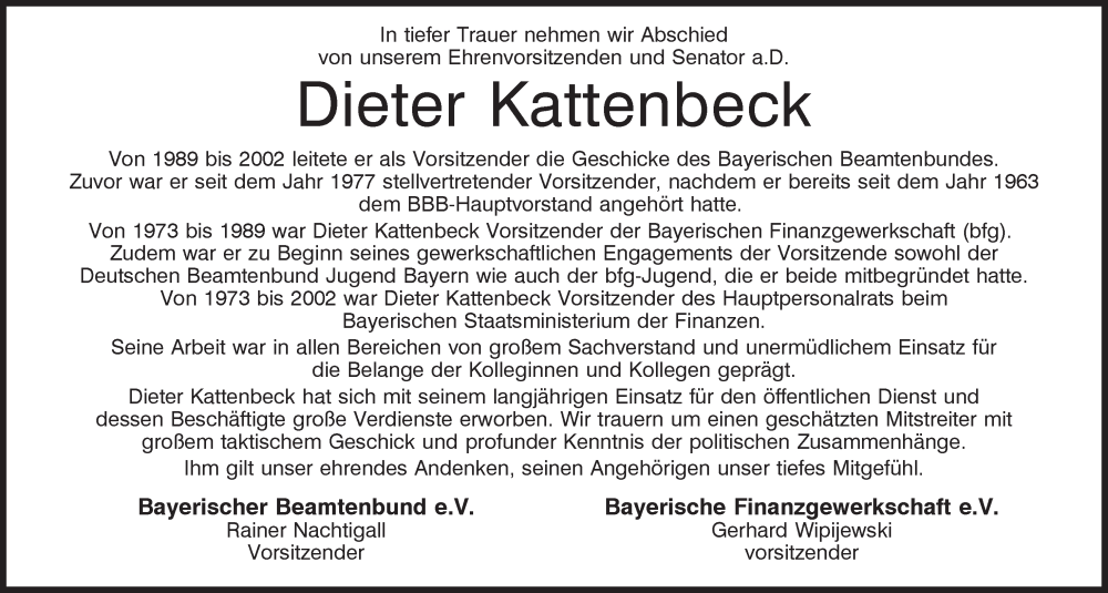  Traueranzeige für Dieter Kattenbeck vom 17.09.2022 aus Mittelbayerische Zeitung Regensburg