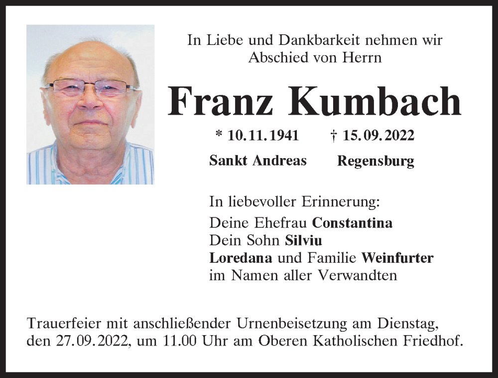  Traueranzeige für Franz Kumbach vom 23.09.2022 aus Mittelbayerische Zeitung Regensburg