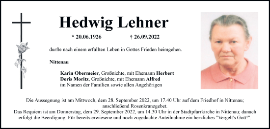 Traueranzeige von Hedwig Lehner von Mittelbayerische Zeitung Regensburg