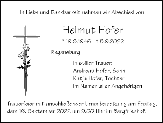 Traueranzeige von Helmut Hofer von Mittelbayerische Zeitung Regensburg