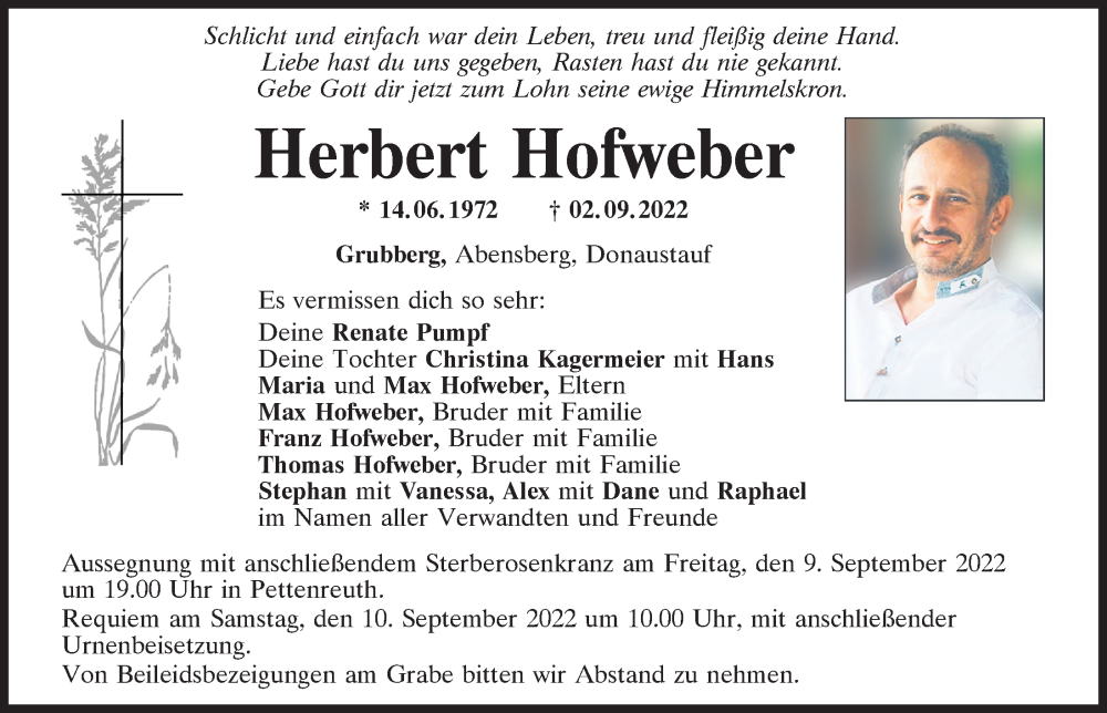  Traueranzeige für Herbert Hofweber vom 07.09.2022 aus Mittelbayerische Zeitung Regensburg