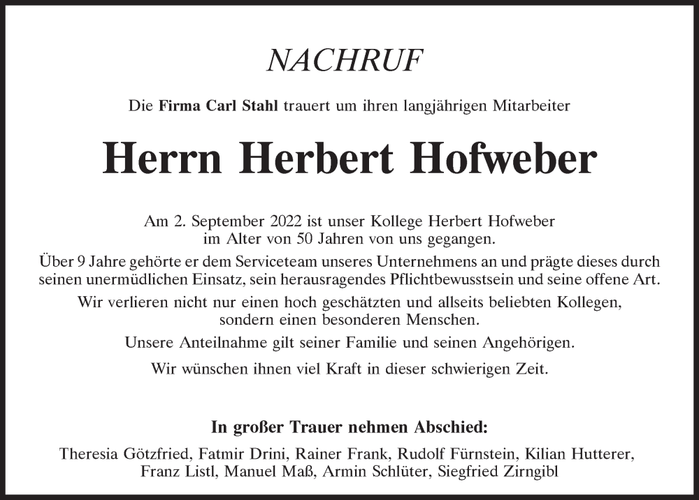  Traueranzeige für Herbert Hofweber vom 12.09.2022 aus Mittelbayerische Zeitung Regensburg