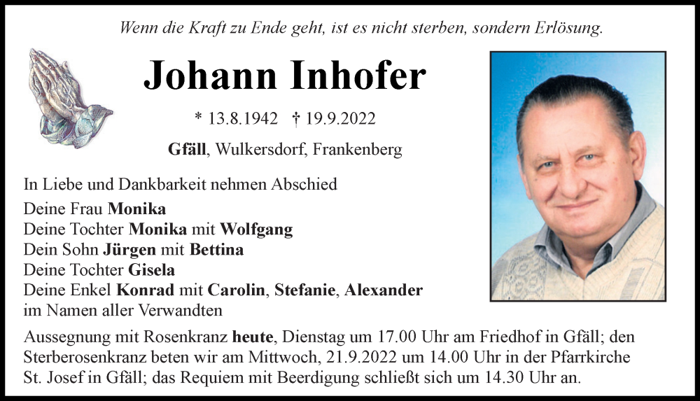  Traueranzeige für Johann Inhofer vom 20.09.2022 aus Bayerwald Echo