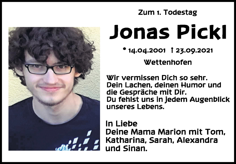  Traueranzeige für Jonas Pickl vom 23.09.2022 aus Neumarkter Tagblatt