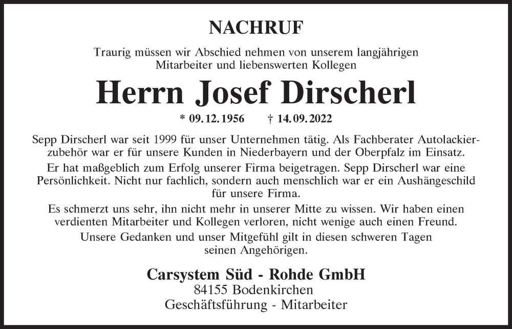  Traueranzeige für Josef Dirscherl vom 26.09.2022 aus Bayerwald Echo