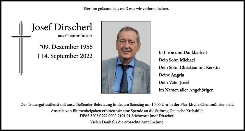  Traueranzeige für Josef Dirscherl vom 22.09.2022 aus Bayerwald Echo