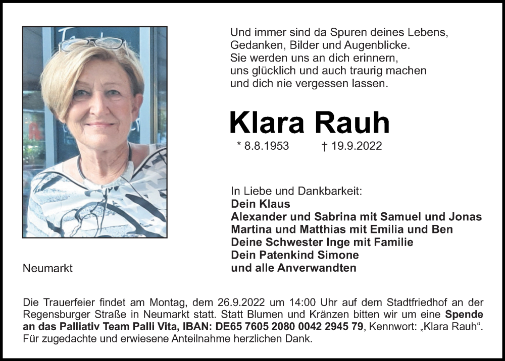  Traueranzeige für Klara Rauh vom 24.09.2022 aus Neumarkter Tagblatt