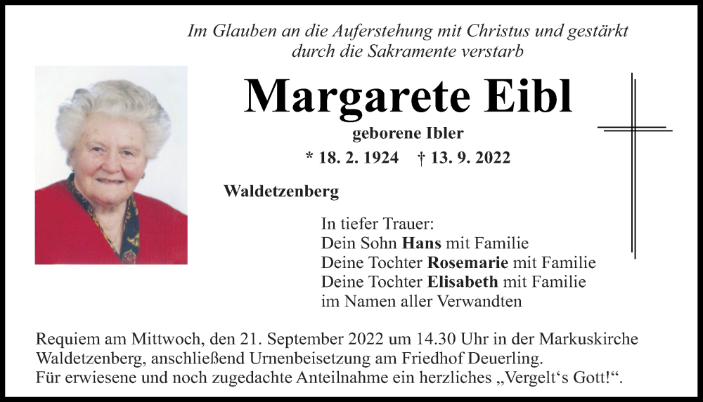  Traueranzeige für Margarete Eibl vom 17.09.2022 aus Mittelbayerische Zeitung Regensburg