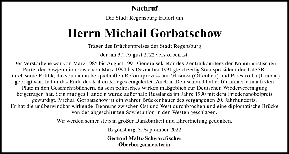  Traueranzeige für Michail Gorbatschow vom 03.09.2022 aus Mittelbayerische Zeitung Regensburg