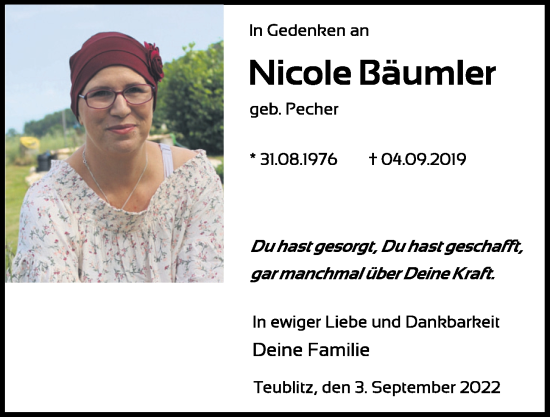 Traueranzeige von Nicole Bäumler von Mittelbayerische Zeitung Schwandorf