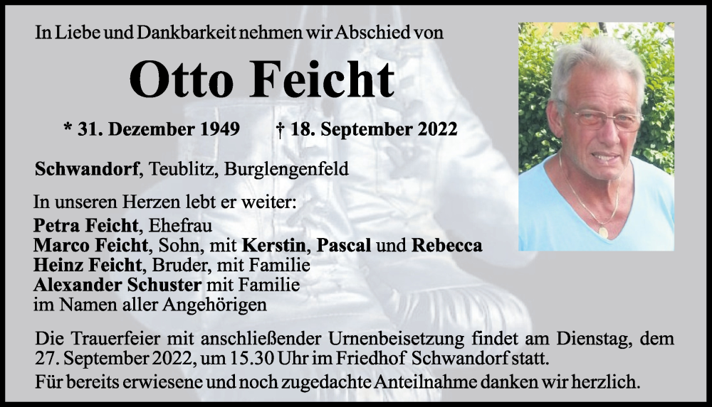  Traueranzeige für Otto Feicht vom 24.09.2022 aus Mittelbayerische Zeitung Schwandorf