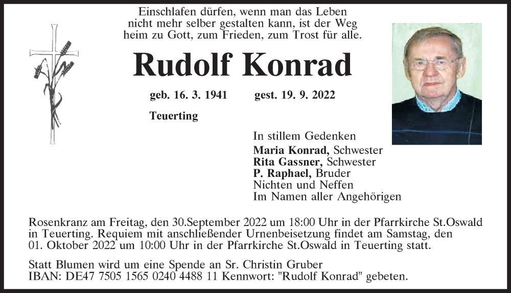  Traueranzeige für Rudolf Konrad vom 29.09.2022 aus Mittelbayerische Zeitung Kelheim