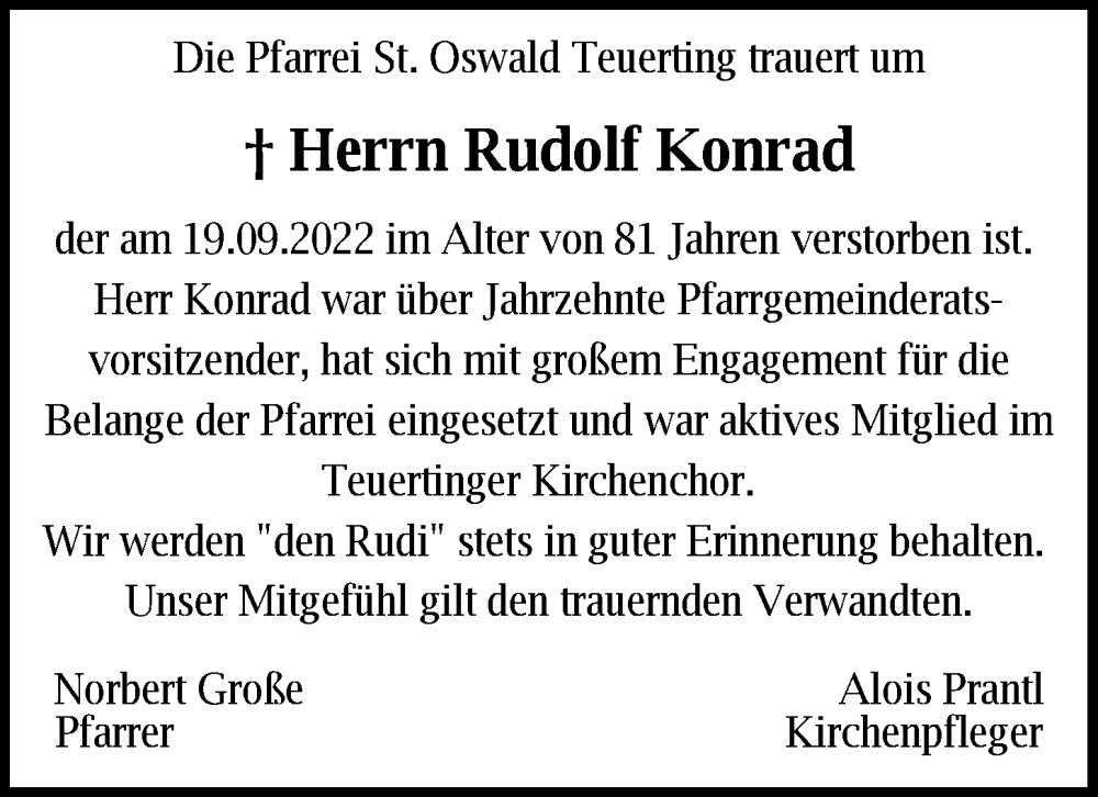  Traueranzeige für Rudolf Konrad vom 30.09.2022 aus Mittelbayerische Zeitung Kelheim