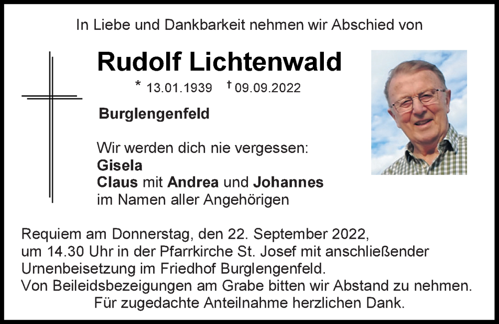  Traueranzeige für Rudolf Lichtenwald vom 17.09.2022 aus Mittelbayerische Zeitung Schwandorf