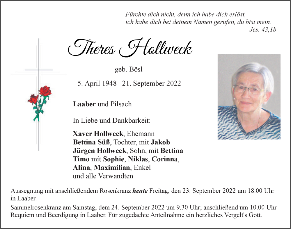  Traueranzeige für Theres Hollweck vom 23.09.2022 aus Neumarkter Tagblatt