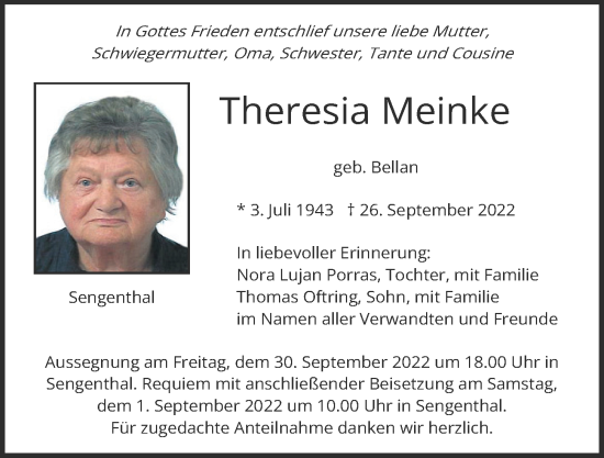 Traueranzeige von Theresia Meinke von Neumarkter Tagblatt