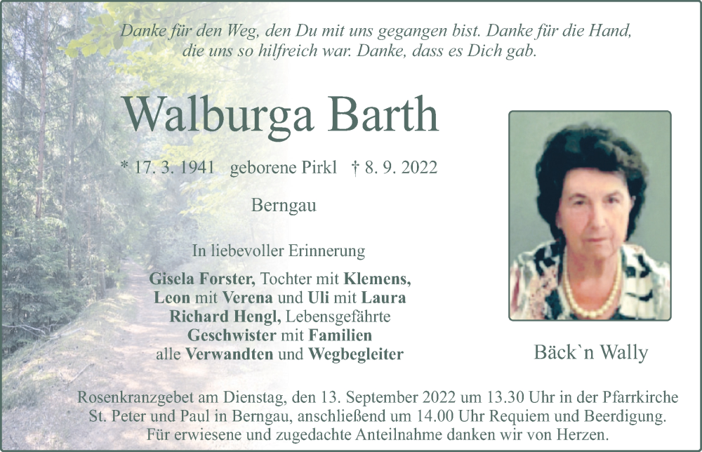  Traueranzeige für Walburga Barth vom 10.09.2022 aus Neumarkter Tagblatt