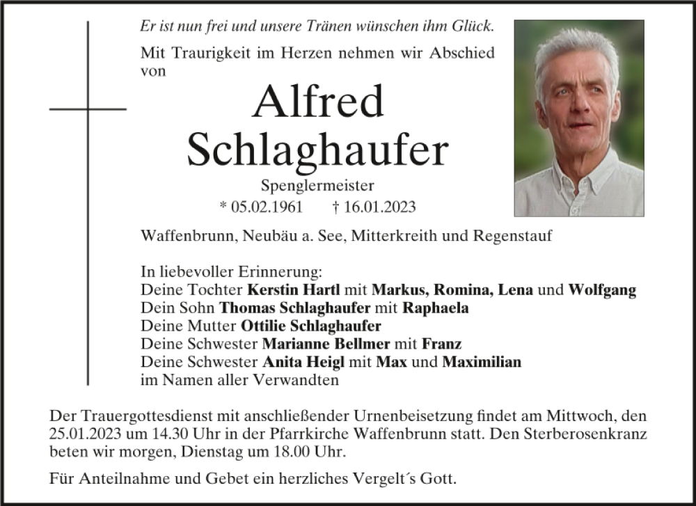  Traueranzeige für Alfred Schlaghaufer vom 23.01.2023 aus Bayerwald Echo