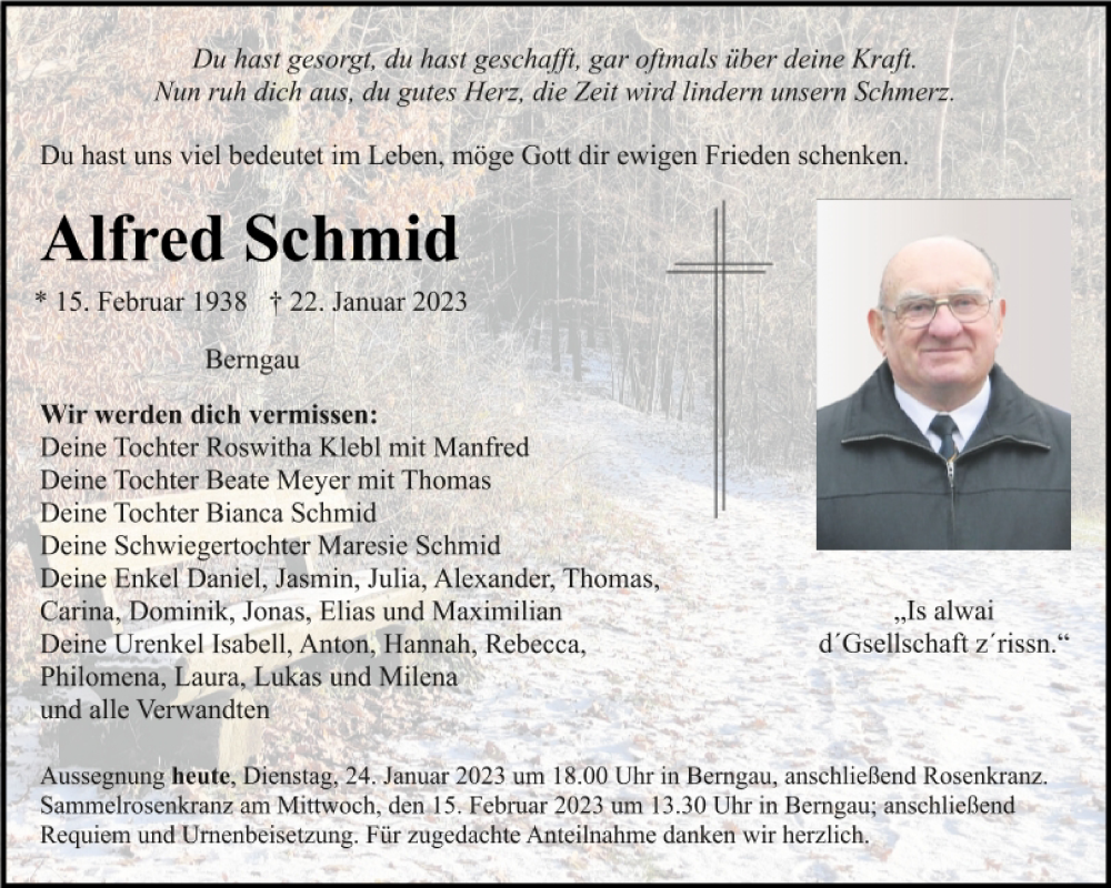  Traueranzeige für Alfred Schmid vom 24.01.2023 aus Neumarkter Tagblatt