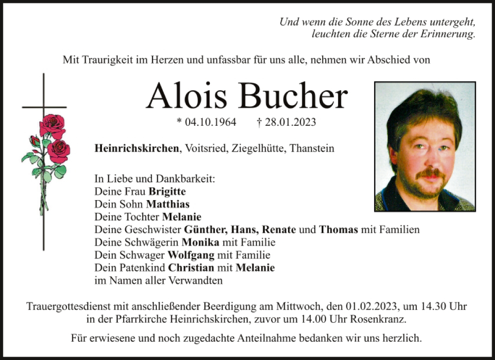  Traueranzeige für Alois Bucher vom 31.01.2023 aus Bayerwald Echo
