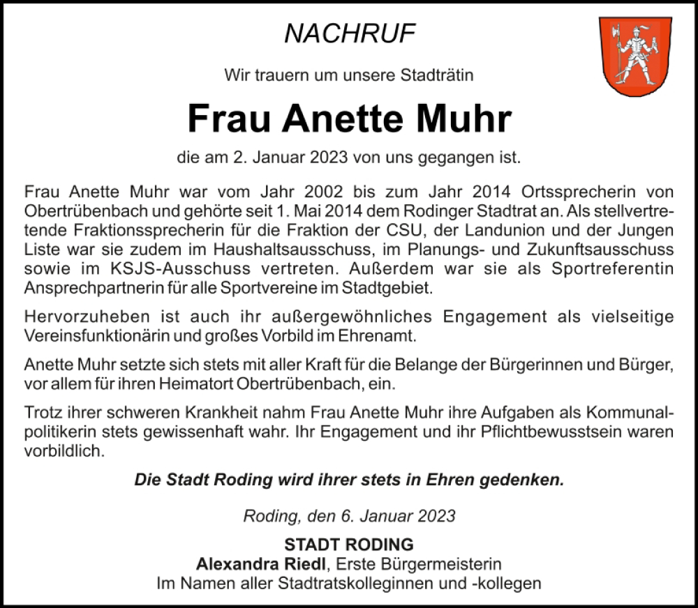  Traueranzeige für Anette Muhr vom 06.01.2023 aus Bayerwald Echo