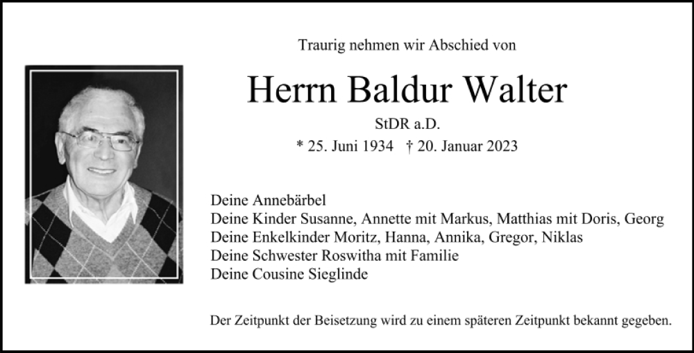  Traueranzeige für Baldur Walter vom 28.01.2023 aus Neumarkter Tagblatt