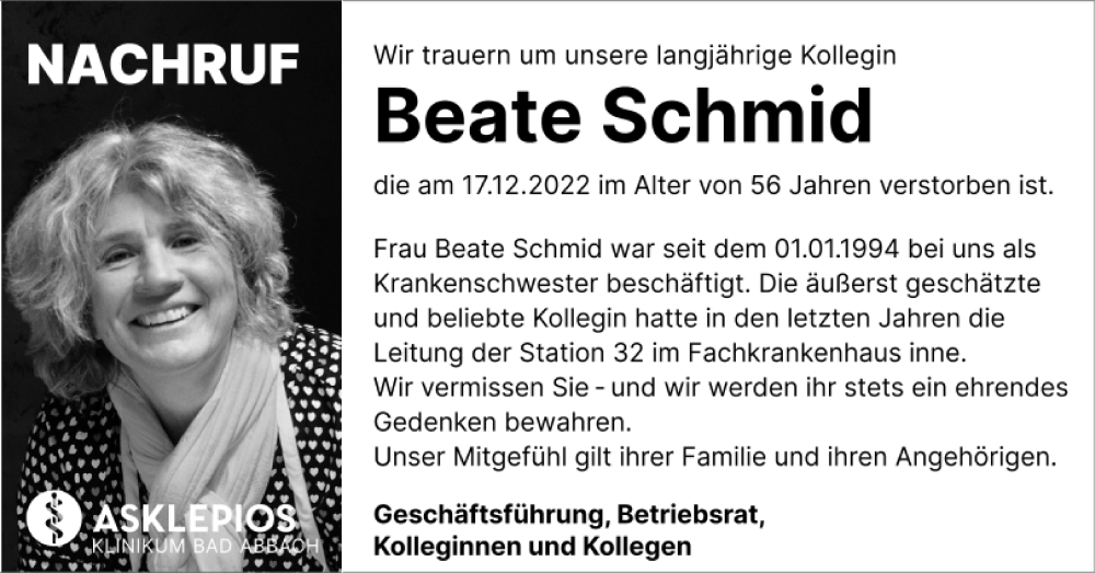  Traueranzeige für Beate Schmid vom 03.01.2023 aus Mittelbayerische Zeitung Kelheim