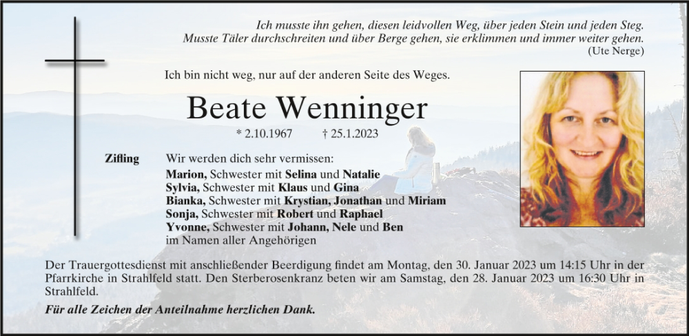  Traueranzeige für Beate Wenninger vom 27.01.2023 aus Bayerwald Echo