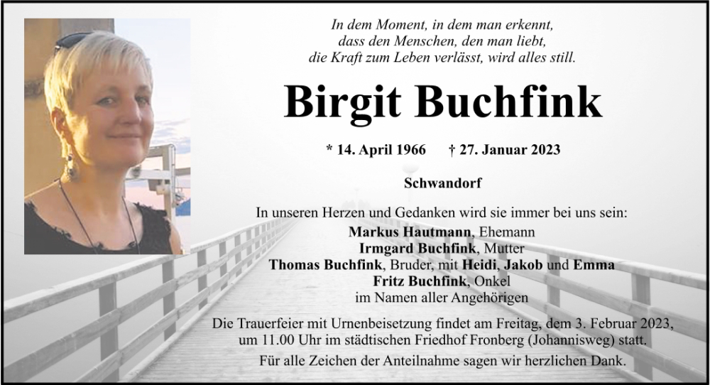  Traueranzeige für Birgit Buchfink vom 31.01.2023 aus Mittelbayerische Zeitung Schwandorf