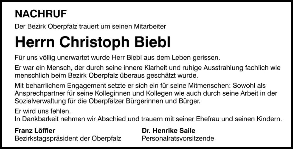  Traueranzeige für Christoph Biebl vom 28.01.2023 aus Mittelbayerische Zeitung Gesamtausgabe