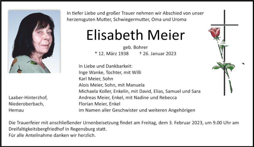  Traueranzeige für Elisabeth Meier vom 28.01.2023 aus Mittelbayerische Zeitung Regensburg