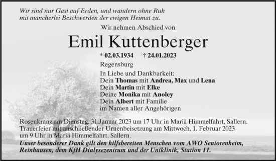 Traueranzeige von Emil Kuttenberger von Mittelbayerische Zeitung Regensburg