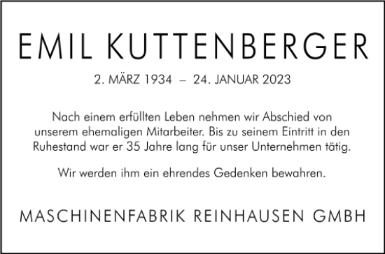 Traueranzeige von Emil Kuttenberger von Mittelbayerische Zeitung Regensburg