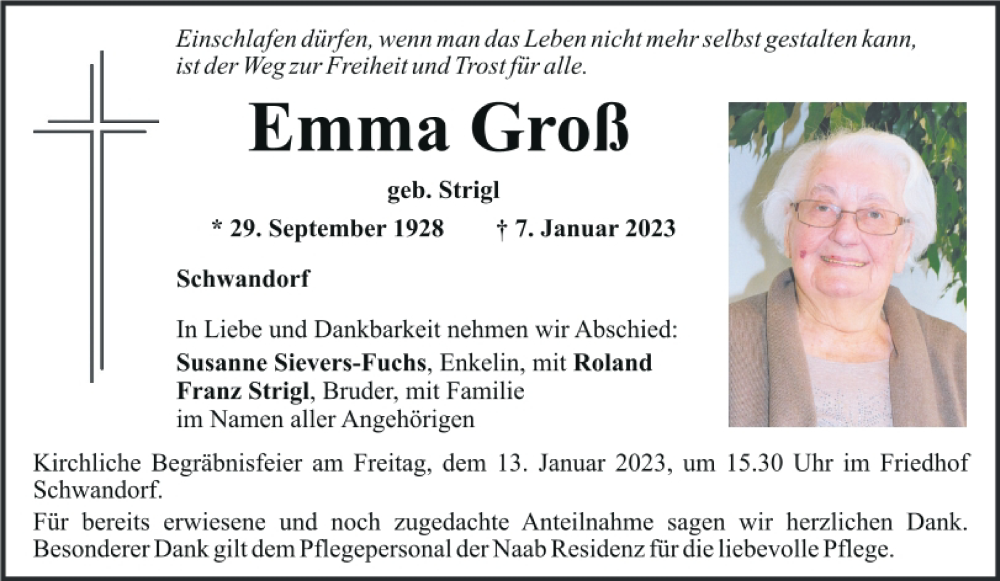 Traueranzeigen von Emma Groß | Mittelbayerische Trauer