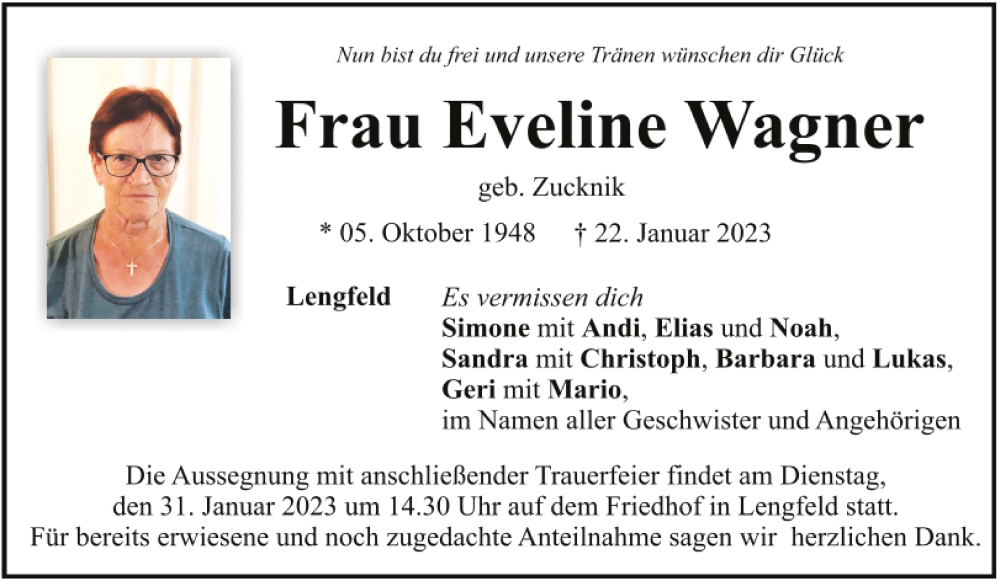  Traueranzeige für Eveline Wagner vom 28.01.2023 aus Mittelbayerische Zeitung Kelheim