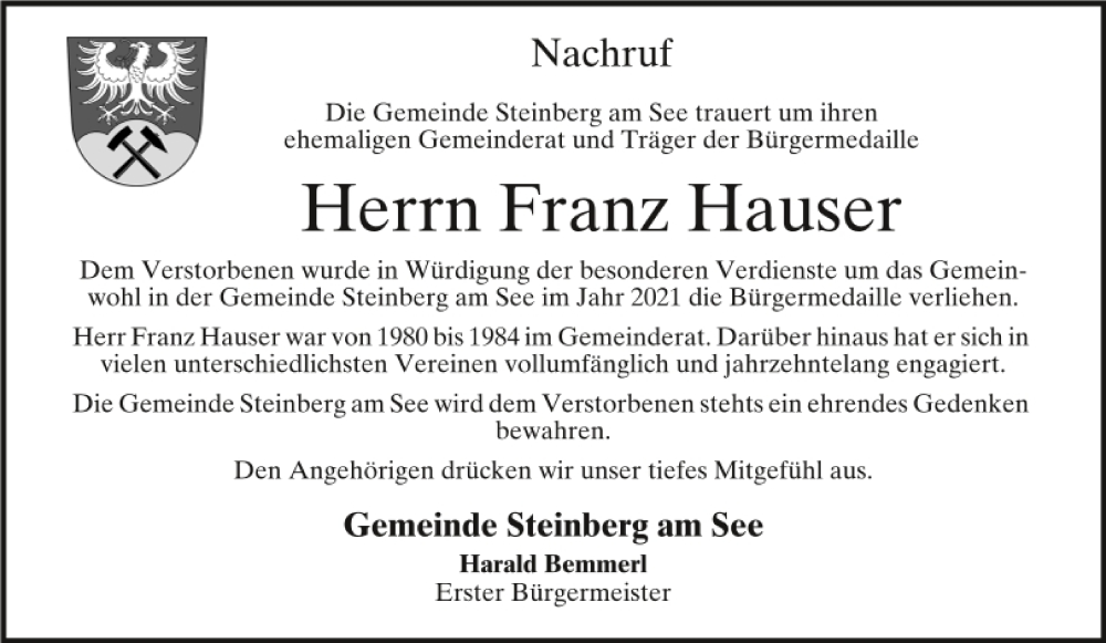  Traueranzeige für Franz Hauser vom 28.01.2023 aus Mittelbayerische Zeitung Schwandorf