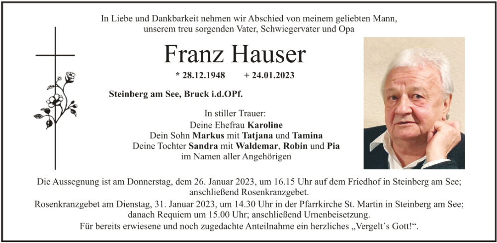  Traueranzeige für Franz Hauser vom 25.01.2023 aus Mittelbayerische Zeitung Schwandorf