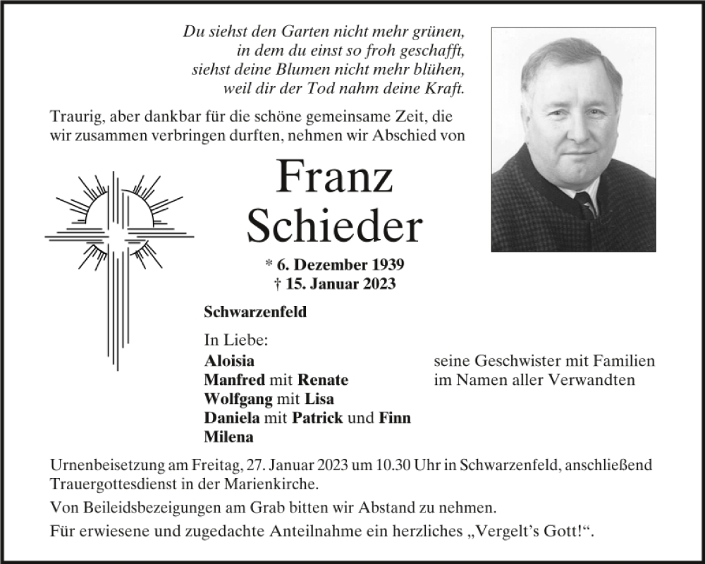  Traueranzeige für Franz Schieder vom 25.01.2023 aus Mittelbayerische Zeitung Schwandorf